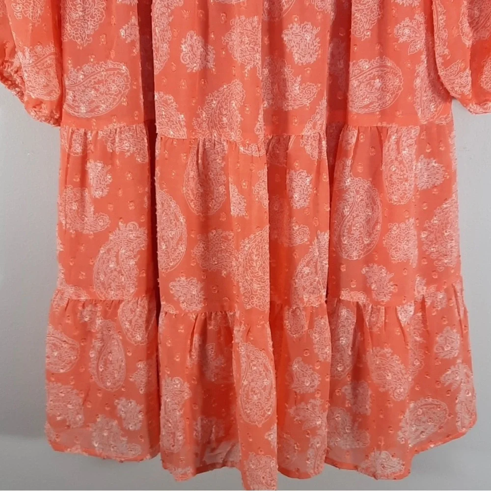 Skies Are Blue Tiered Smocked Bodice Babydoll A-Line Mini Dress SZ M Coral - Picture 5 of 12